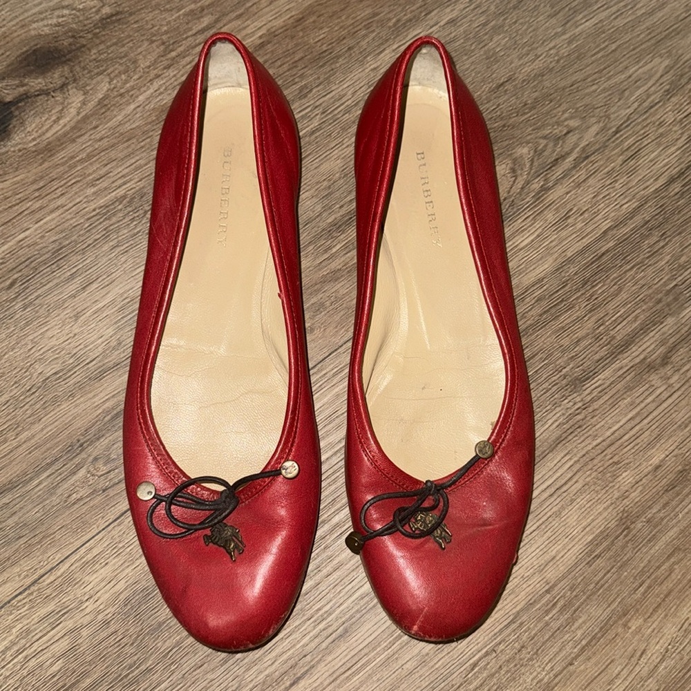 Burberry Red Leather Bow Charm Red Ballet Shoe Women Flats size-8